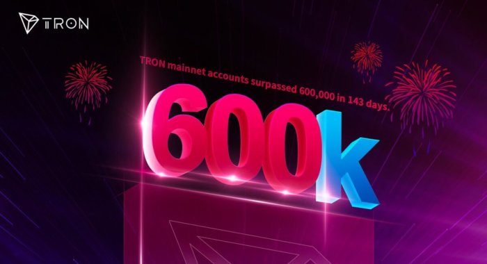 С момента запуска блокчейна Tron, в сети создано более 600 000 аккаунтов