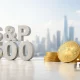 Large S&P 500 lettering sits next to stacks of gold Bitcoin tokens with a city skyline backdrop. Happy_Coin_News