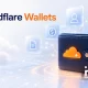 Cloudflare Wallets Digital wallet with the orange cloud logo surrounded by floating security and finance icons against a light blue background.