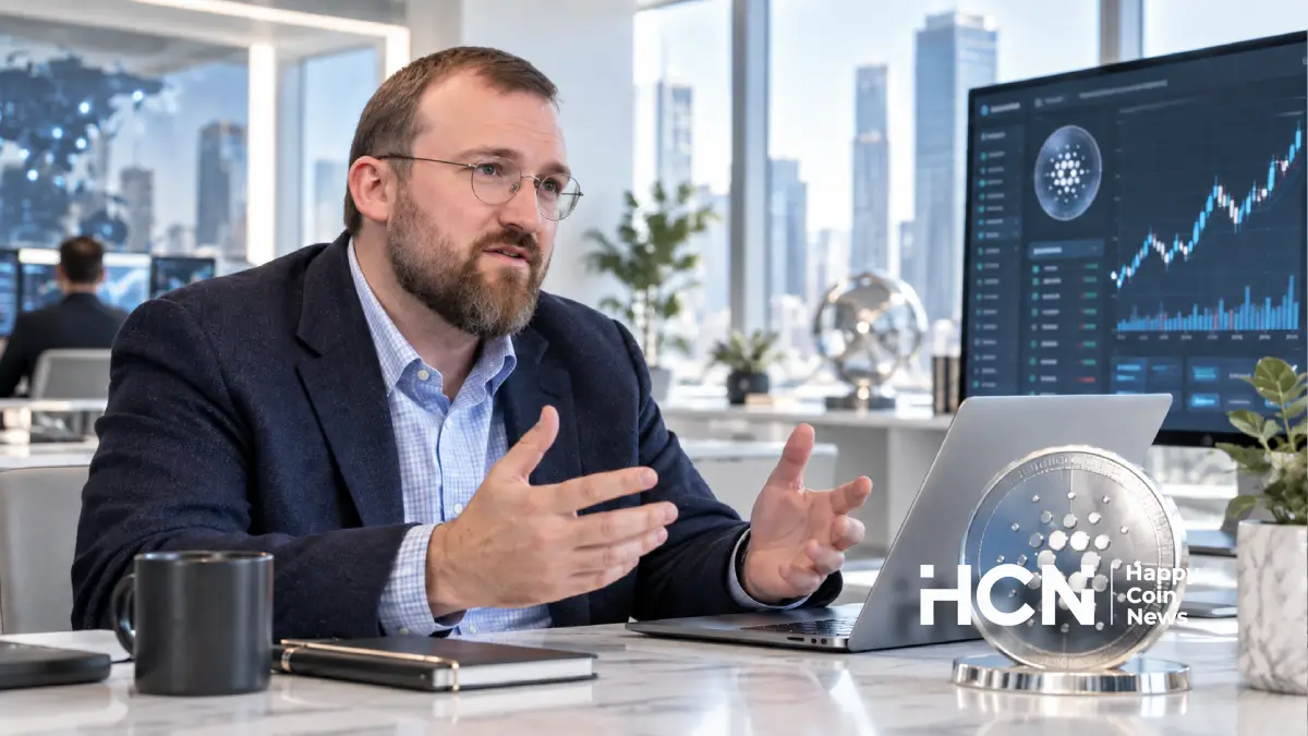 Чарльз Хоскинсон рядом с символикой Cardano и экраном криптовалютной биржи