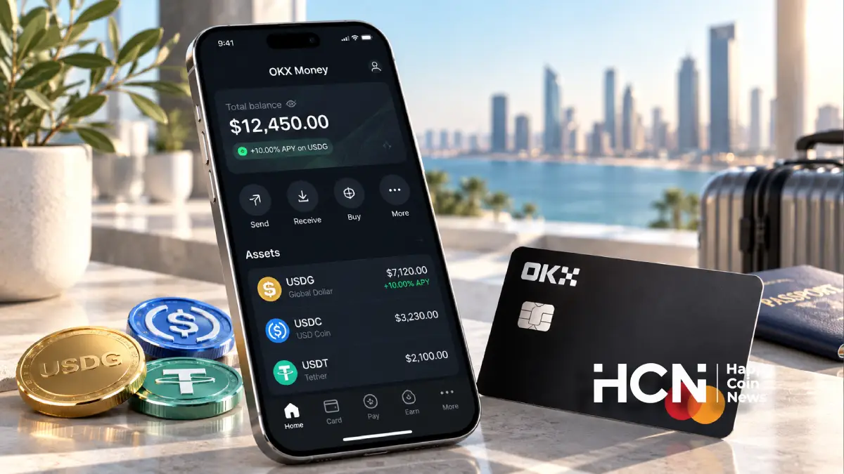 Приложение OKX Money с балансом USDG, картой OKX и стейблкоинами USDC и USDT