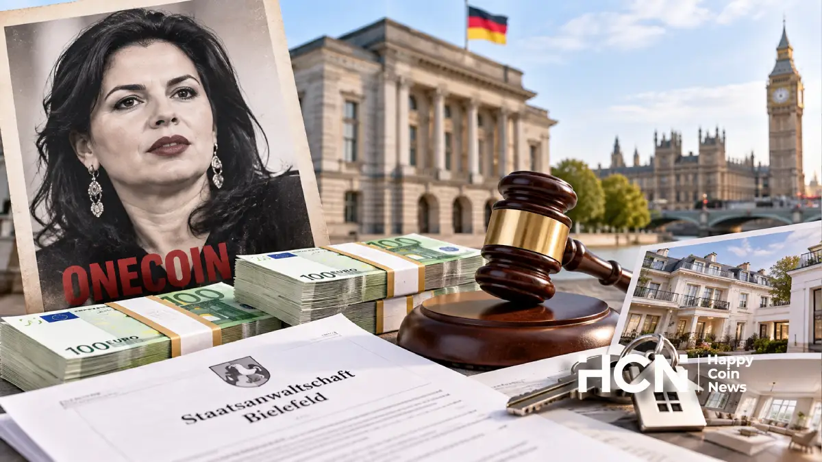 Материалы дела OneCoin, евро, судебный молоток и недвижимость на фоне Германии и Лондона