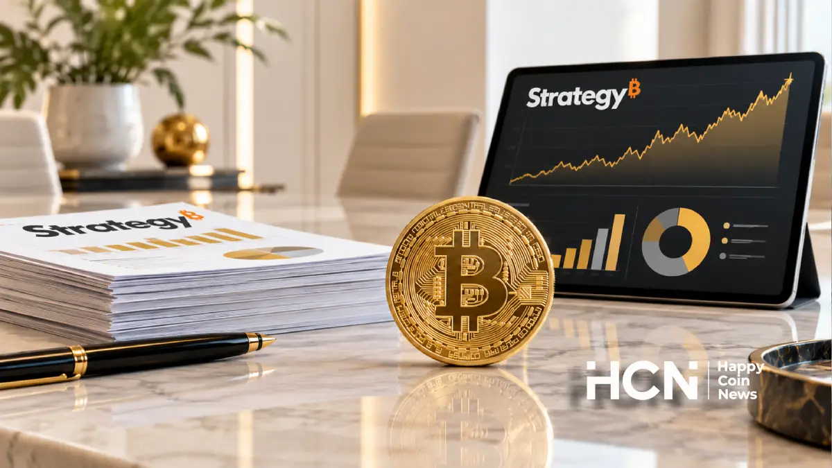 Биткоин рядом с финансовыми отчётами и логотипом Strategy на экране